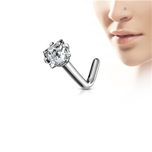 TIT1040-C Zahnutý piercing do nosu - titan, čirý kamínek