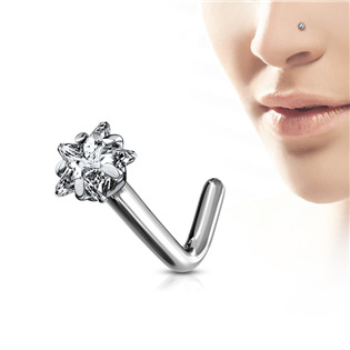 TIT1041-C Zahnutý piercing do nosu - titan hvězda, čirý kamínek