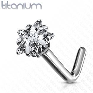TIT1041-C Zahnutý piercing do nosu - titan hvězda, čirý kamínek