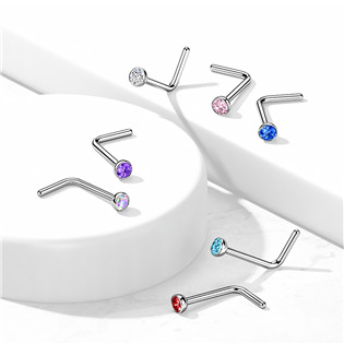 TIT1027C-015 Zahnutý piercing do nosu - titan, 1,5mm čirý kamínek