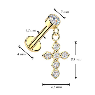 LB1155GD Zlacený piercing do ucha - labreta s křížkem