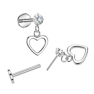 LB1154 Piercing do ucha - labreta se zavěšeným srdíčkem
