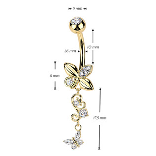 WP0117-GD Zlacený visací piercing do pupíku s motýlky