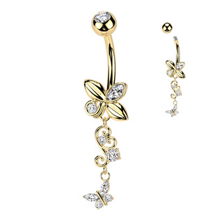 WP0117-GD Zlacený visací piercing do pupíku s motýlky
