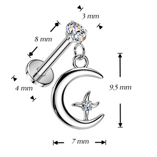 LB1149 Piercing do ucha PUSH IN labreta, měsíc a hvězda