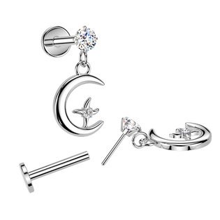 LB1149 Piercing do ucha PUSH IN labreta, měsíc a hvězda