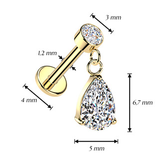 LB1151-GD Zlacený piercing do ucha - labreta se zavěšeným kamínkem