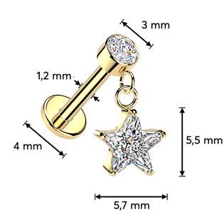 LB1152-GD Zlacený piercing do ucha - labreta se zavěšenou hvězdičkou