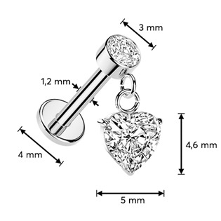 LB1153 Piercing do ucha - labreta se zavěšeným srdíčkem
