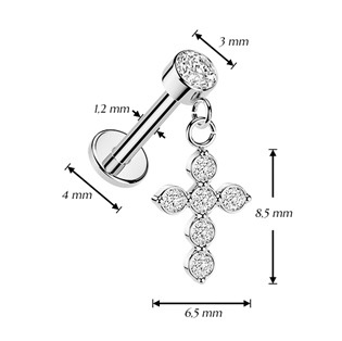 LB1155-1206 Piercing do ucha - labreta s křížkem, 1,2 x 6 mm