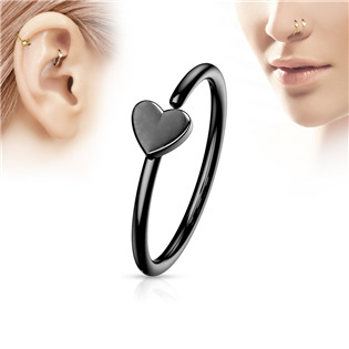 N0054-K Černý piercing do nosu/ucha kruh se srdíčkem