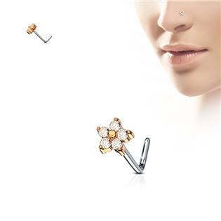 N0083-RDC Zlacený zahnutý piercing do nosu, čiré kamínky