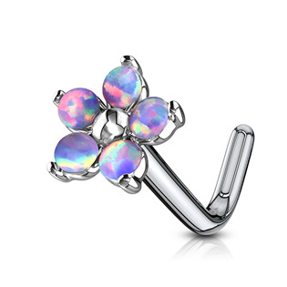N0106-OP05 Zahnutý piercing do nosu - kytička s opály