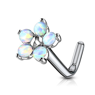 N0106-OP38 Zahnutý piercing do nosu - kytička s opály