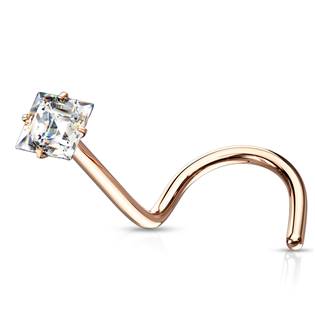 N0137RDC Zlacený zahnutý piercing do nosu čtvereček - čirý zirkon