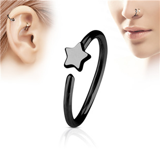 N0053-K Černý piercing do nosu/ucha kruh s hvězdou