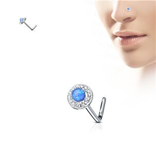 N0092-B Zahnutý piercing do nosu - modrý opál