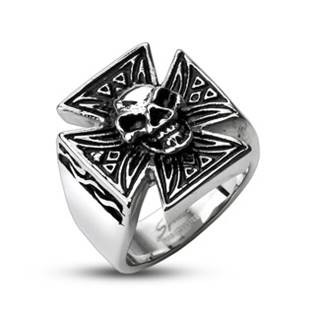 OPR1309-70 Ocelový prsten - kříž s lebkou OPR1309