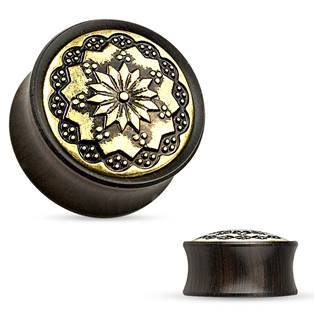 PL01174-06 Dřevěný plug do ucha Ebony Wood s ornamenty