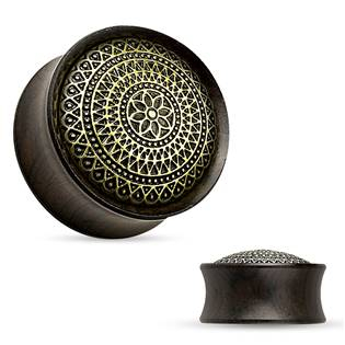 PL01176-10 Dřevěný plug do ucha Ebony Wood s ornamenty