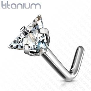 TIT1043-C Zahnutý piercing do nosu - titan trojúhelník, čirý kamínek