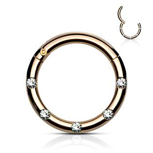 K01058-RD Zlacený piercing kruh segment, čiré kameny, 1,2 x 8 mm