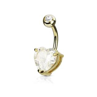 WP01043-GDC Zlacený piercing do pupíku srdce, čirý kámen 10 mm