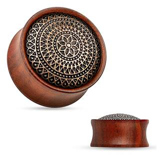 PL01177-06 Dřevěný plug do ucha Rose Wood s ornamenty