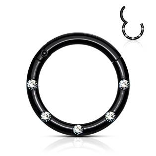 K01058-K Černý piercing kruh segment, čiré kameny, 1,2 x 8 mm