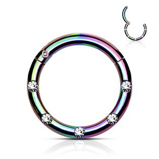 K01058-W Duhový piercing kruh segment, čiré kameny, 1,2 x 8 mm