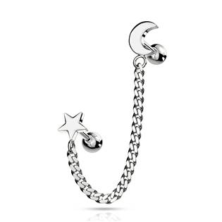 CP1066-ST Cartilage piercing do ucha s řetízkem, měsíc+hvězda