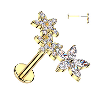LB1137-GD Zlacený piercing do brady s kytičkami - PUSH IN labreta