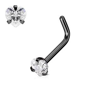 N0068-KC Černý piercing do nosu srdíčko, čirý kamínek