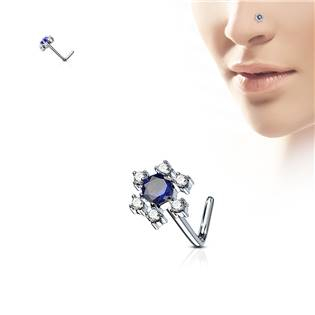N0086-B Zahnutý piercing do nosu, modré kamínky