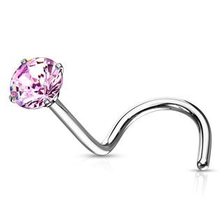 N0136P-025 Zahnutý piercing do nosu - růžový zirkon