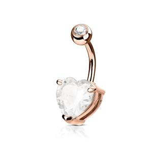 WP01043-RDC Zlacený piercing do pupíku srdce, čirý kámen 10 mm