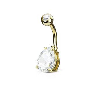WP01048-GDC Zlacený piercing do pupíku kapka, čirý kámen 10 mm