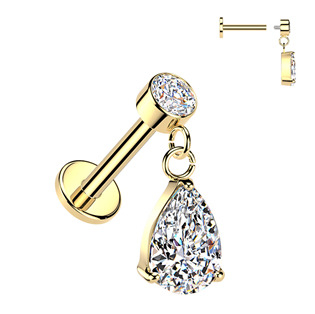 LB1151-GD Zlacený piercing do ucha - labreta se zavěšeným kamínkem