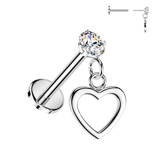 LB1154 Piercing do ucha - labreta se zavěšeným srdíčkem