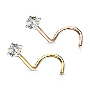 N0137RDC Zlacený zahnutý piercing do nosu čtvereček - čirý zirkon