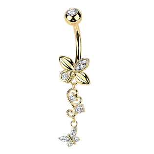 WP0117-GD Zlacený visací piercing do pupíku s motýlky