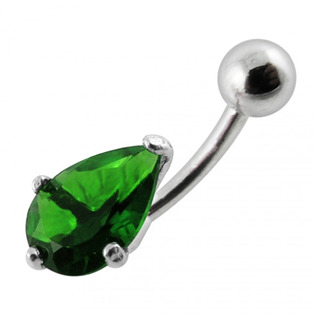 BP01010-E Stříbrný piercing do pupíku - kapka, tmavě zelený zirkon