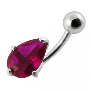 BP01010-F Stříbrný piercing do pupíku - kapka, tmavě růžový zirkon
