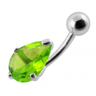 BP01010-G Stříbrný piercing do pupíku - kapka, světle zelený zirkon