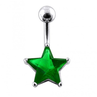 BP01019-E Stříbrný piercing do pupíku - hvězda, tmavě zelený zirkon