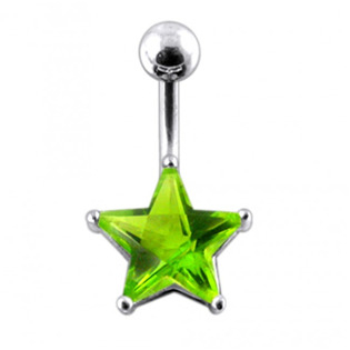BP01019-G Stříbrný piercing do pupíku - hvězda, světle zelený zirkon