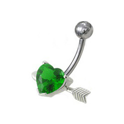 BP01020-E Stříbrný piercing do pupíku, tmavě zelený zirkon