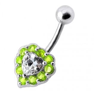 BP01033-G Stříbrný piercing do pupíku - srdce, světle zelené zirkony