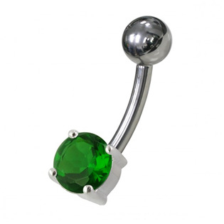 BP01146-E Stříbrný piercing do pupíku, kulatý tmavě zelený zirkon