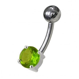 BP01146-G Stříbrný piercing do pupíku, kulatý světle zelený zirkon